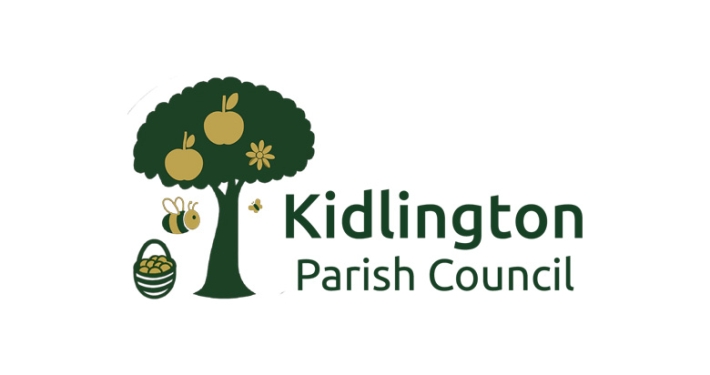 Apple tree with apples, honey bee, and basket representing Kidlington Parish Council logo.